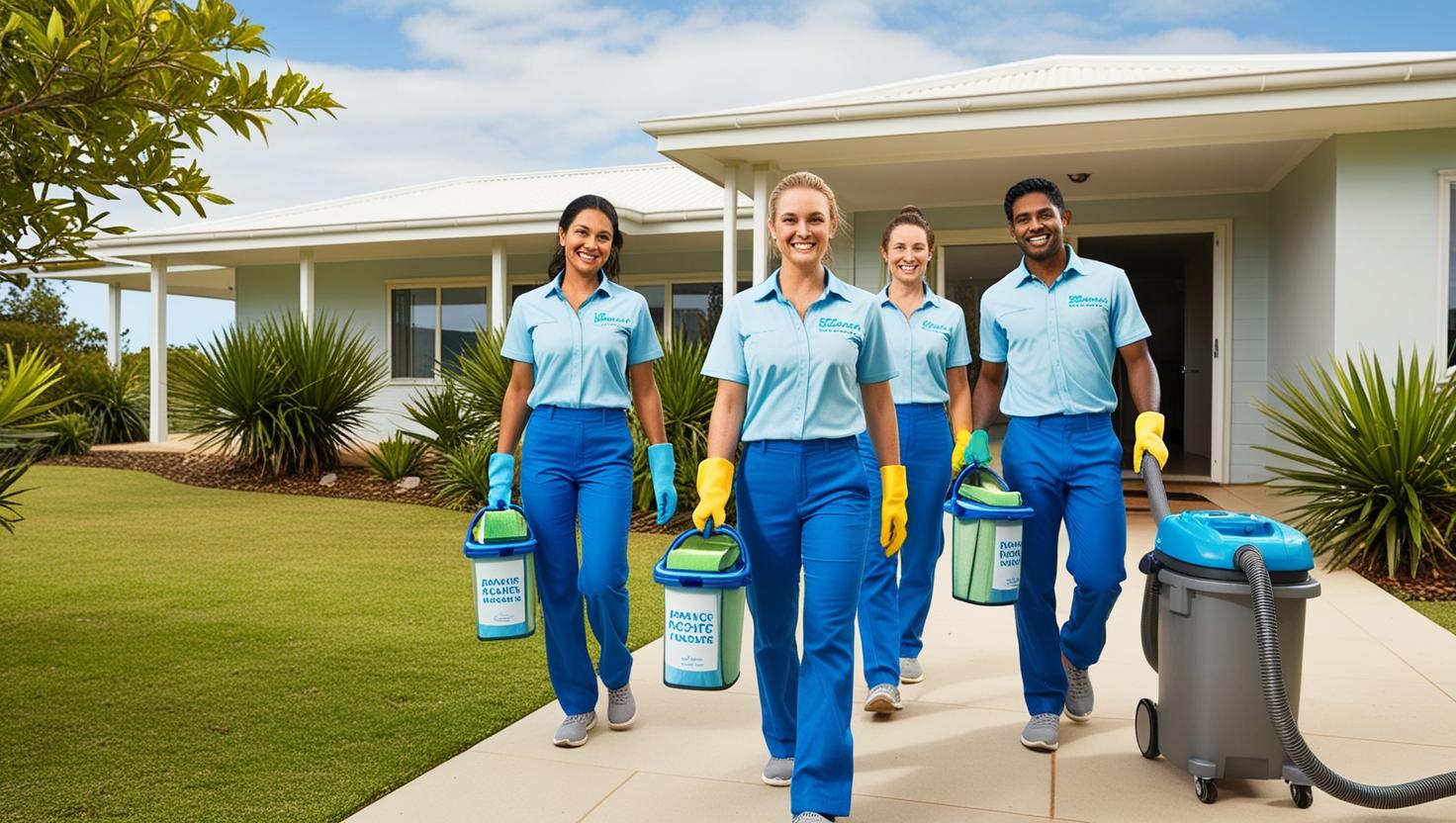 Professional Pacific Breeze Cleaners team arriving at a Woolgoolga home in matching uniforms with eco-friendly cleaning supplies, demonstrating reliable service