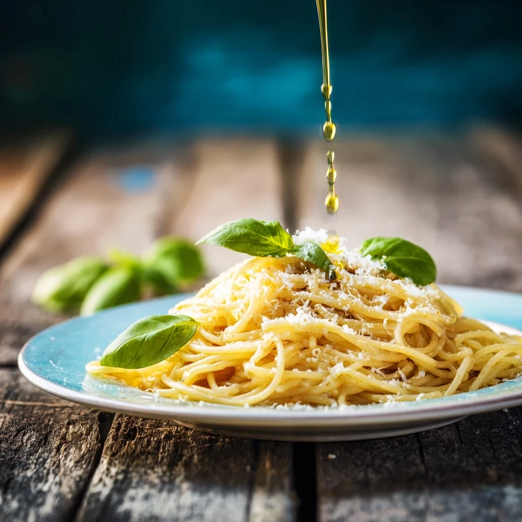 OYM olive oil poured over a delicious looking Italian pasta
