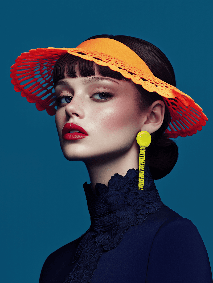 Woman in a stylish orange visor, yellow earrings, and a navy lace top against a blue backdrop. Her expression is poised, with bold red lipstick.