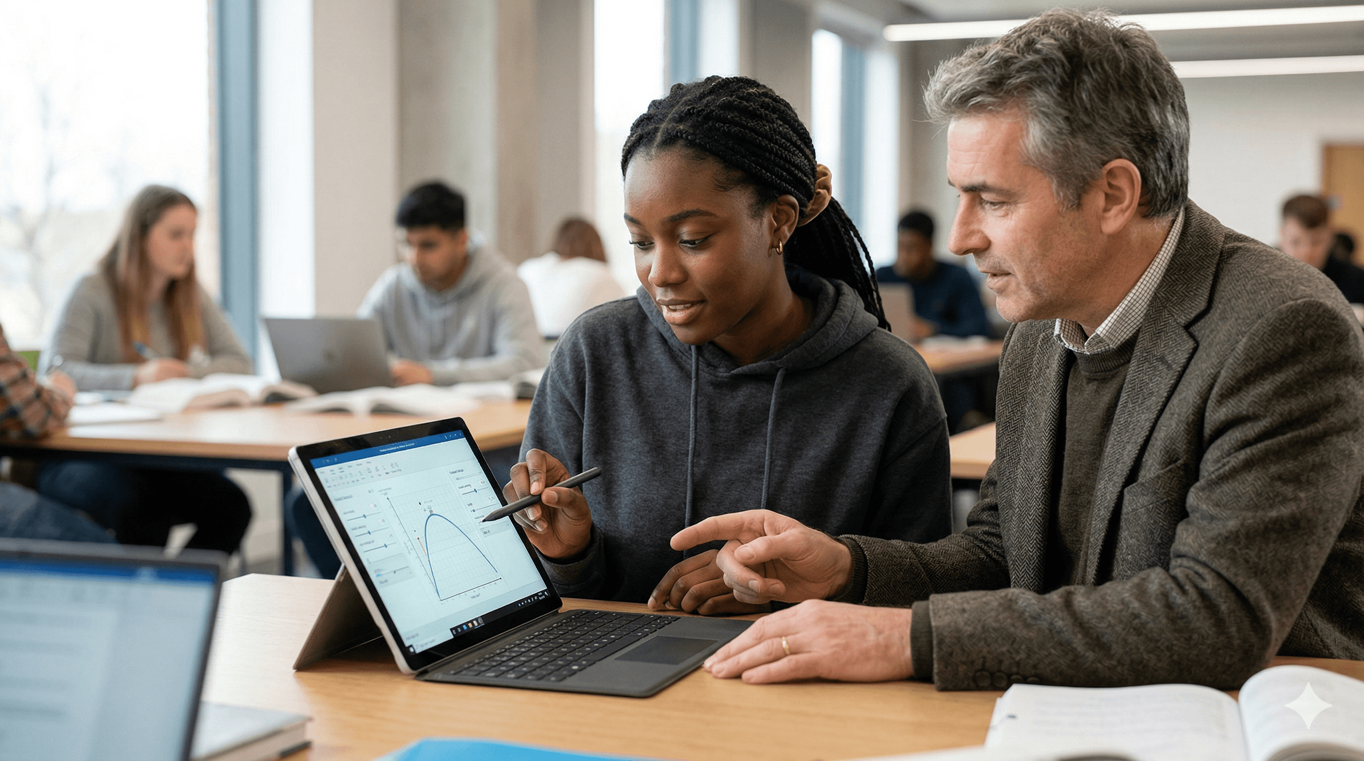A student and a teacher engage in a discussion over a laptop displaying a graph, highlighting interactive learning tools for mastering math and science concepts.