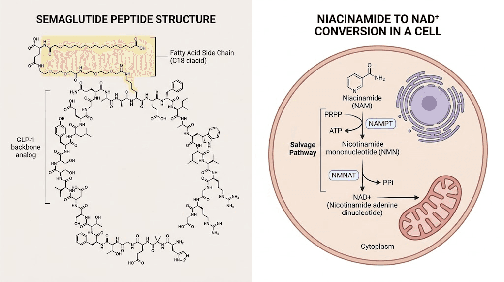 Semaglutide and niacinamide molecular pathway to NAD+ production