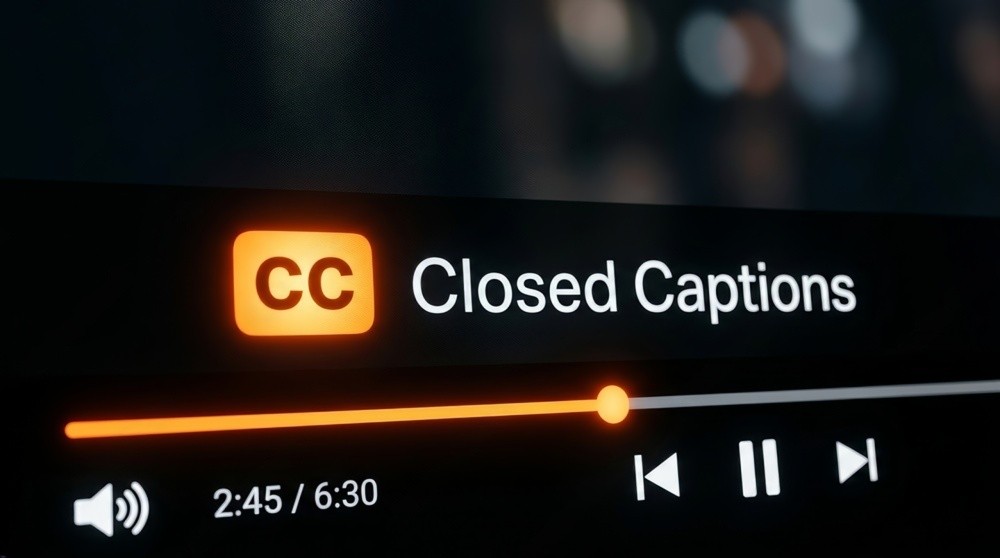 Close-up of a video player showing an illuminated CC icon, Closed Captions label and playback controls.