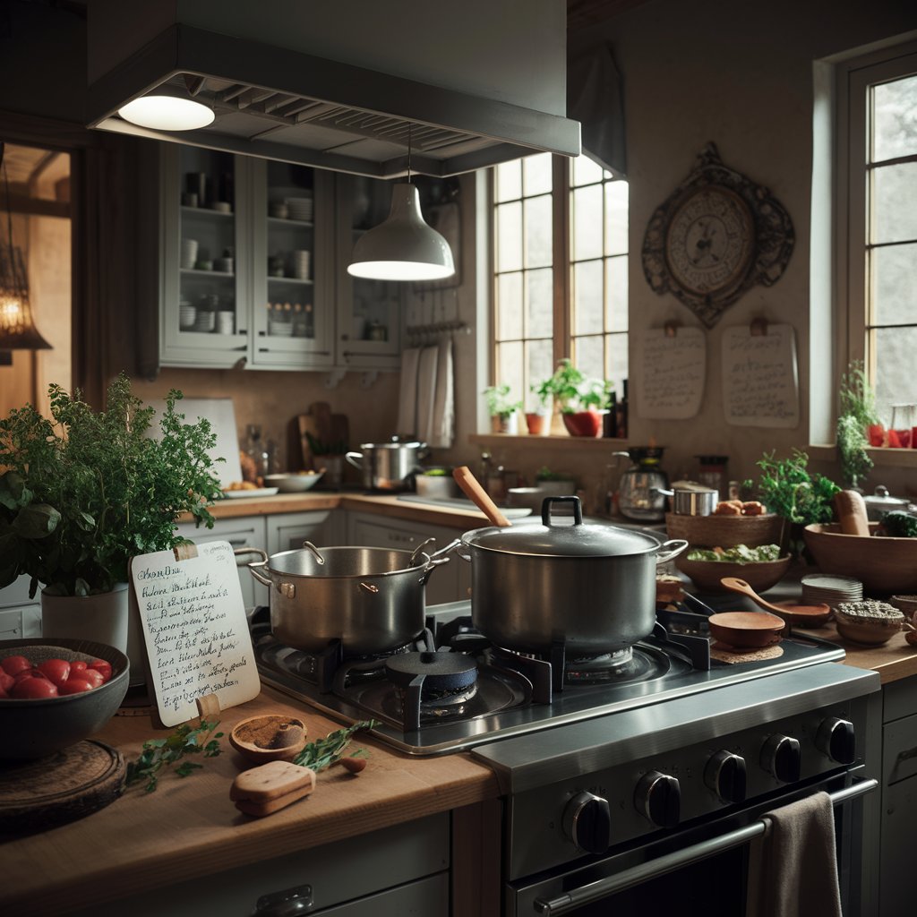 Kitchen Counter With Pots and Pans