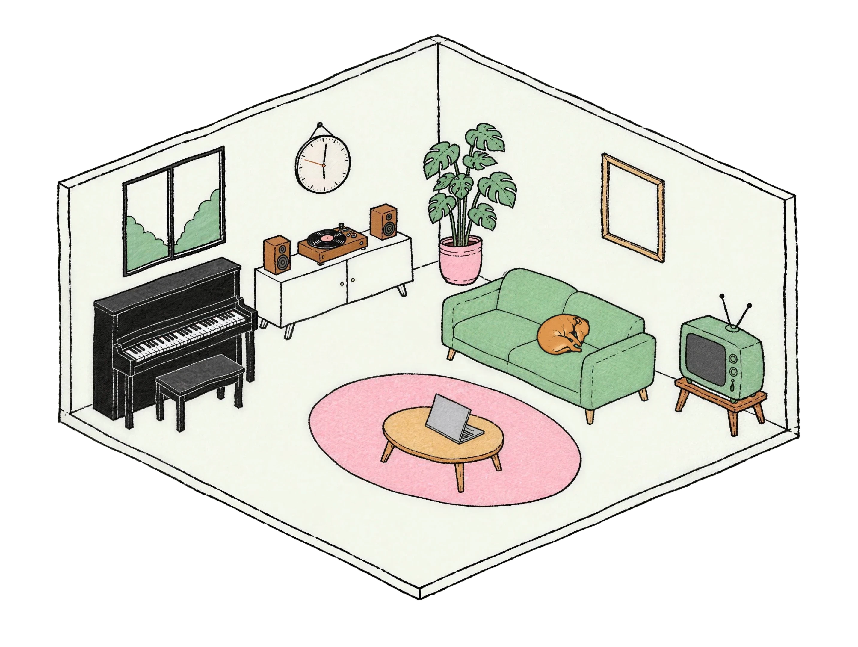 An ink drawing of Ryan's living-room studio: a black upright piano, a record player on a white console, a green couch with his pup asleep on it, a coffee table with a laptop, a retro TV and a poster on the wall