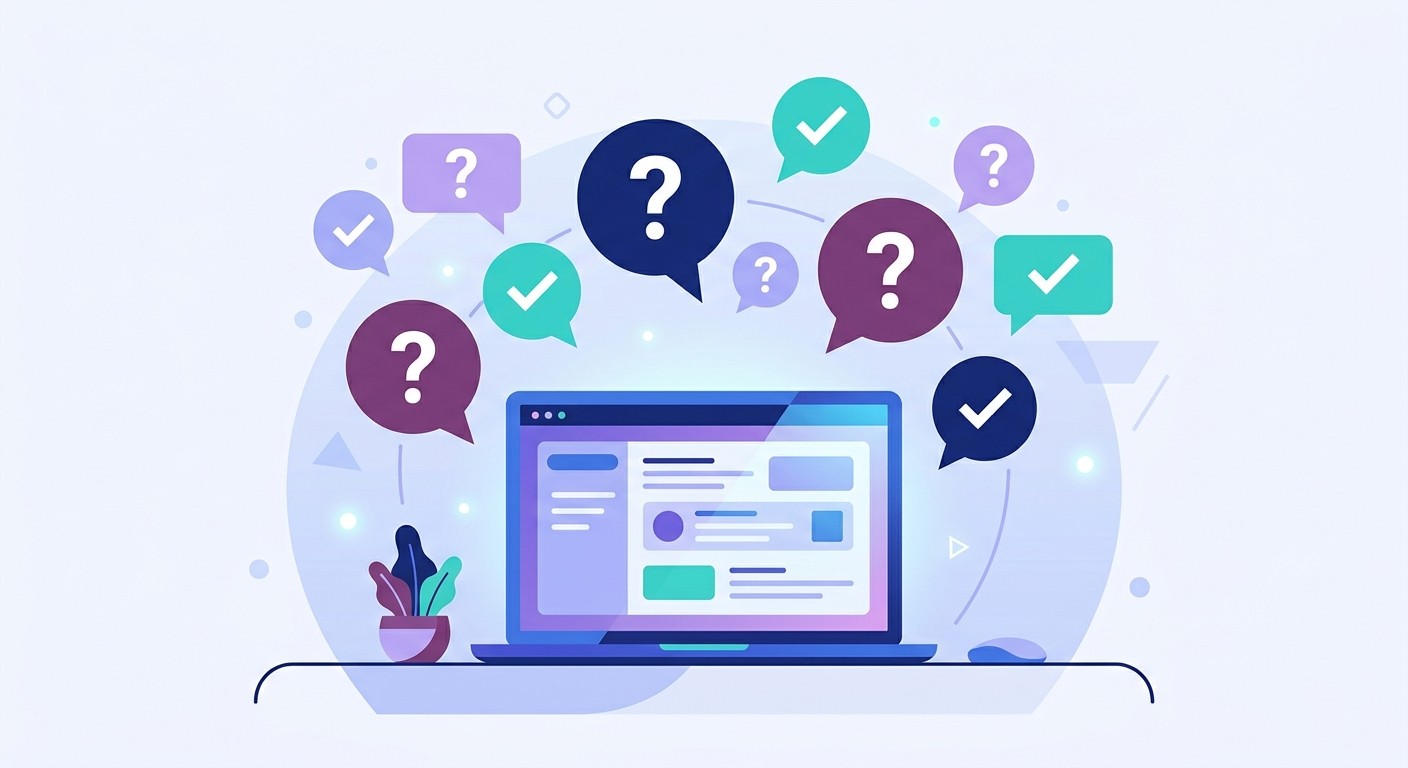 Question mark speech bubbles floating above a laptop representing frequently asked questions.