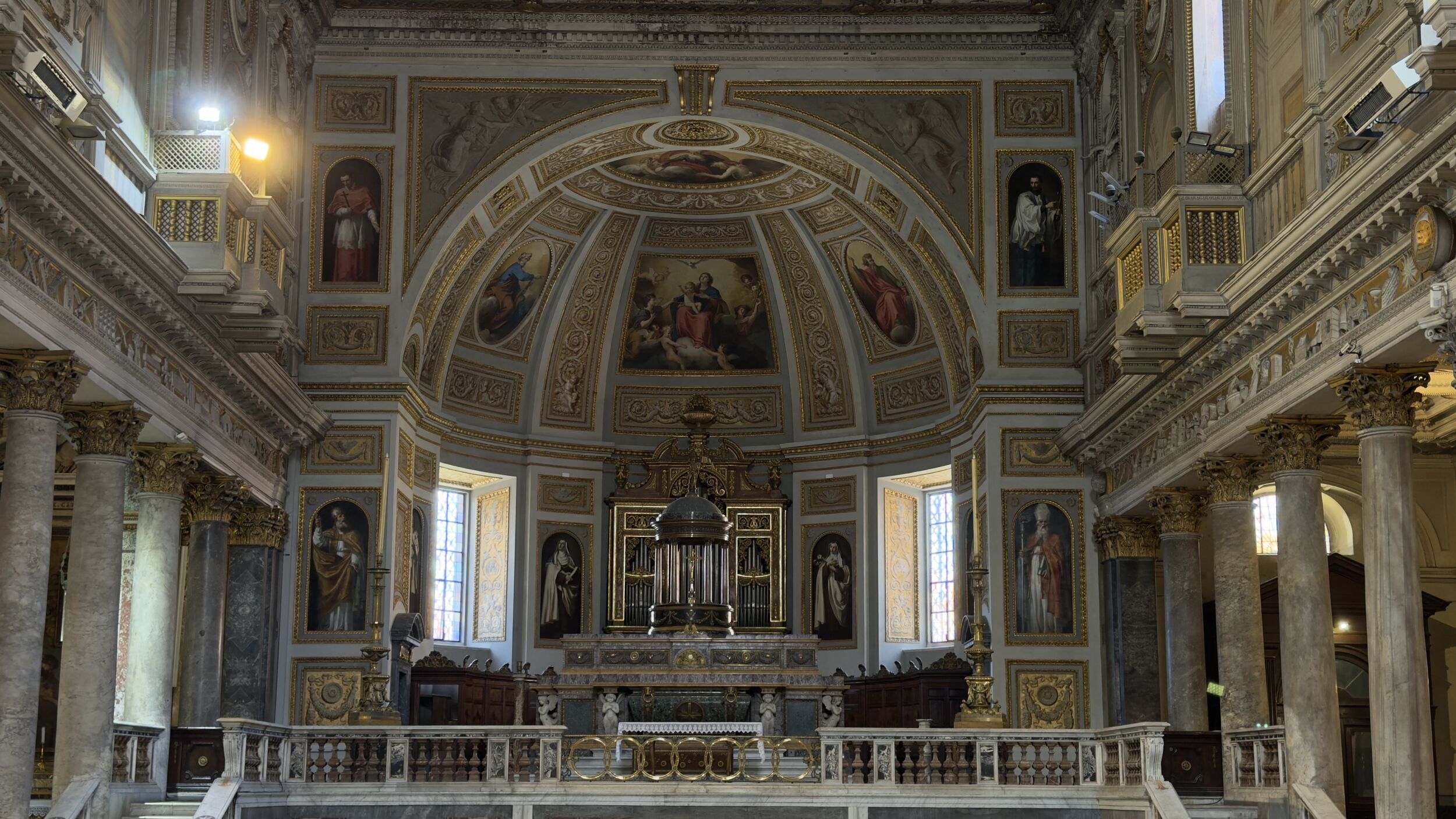 Central nave with Gaspard Dughet landscape frescoes inside Santi Silvestro e Martino ai Monti, Monti, Rome