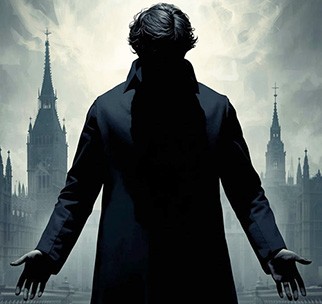 Uomo con le braccia aperte e il capo chino davanti a un’architettura gotica, atmosfera drammatica