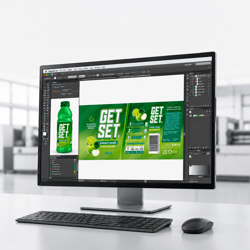 Prestampa dell'artwork di un'etichetta per energy drink, con il pannello di anteprima delle separazioni colore aperto sul monitor.