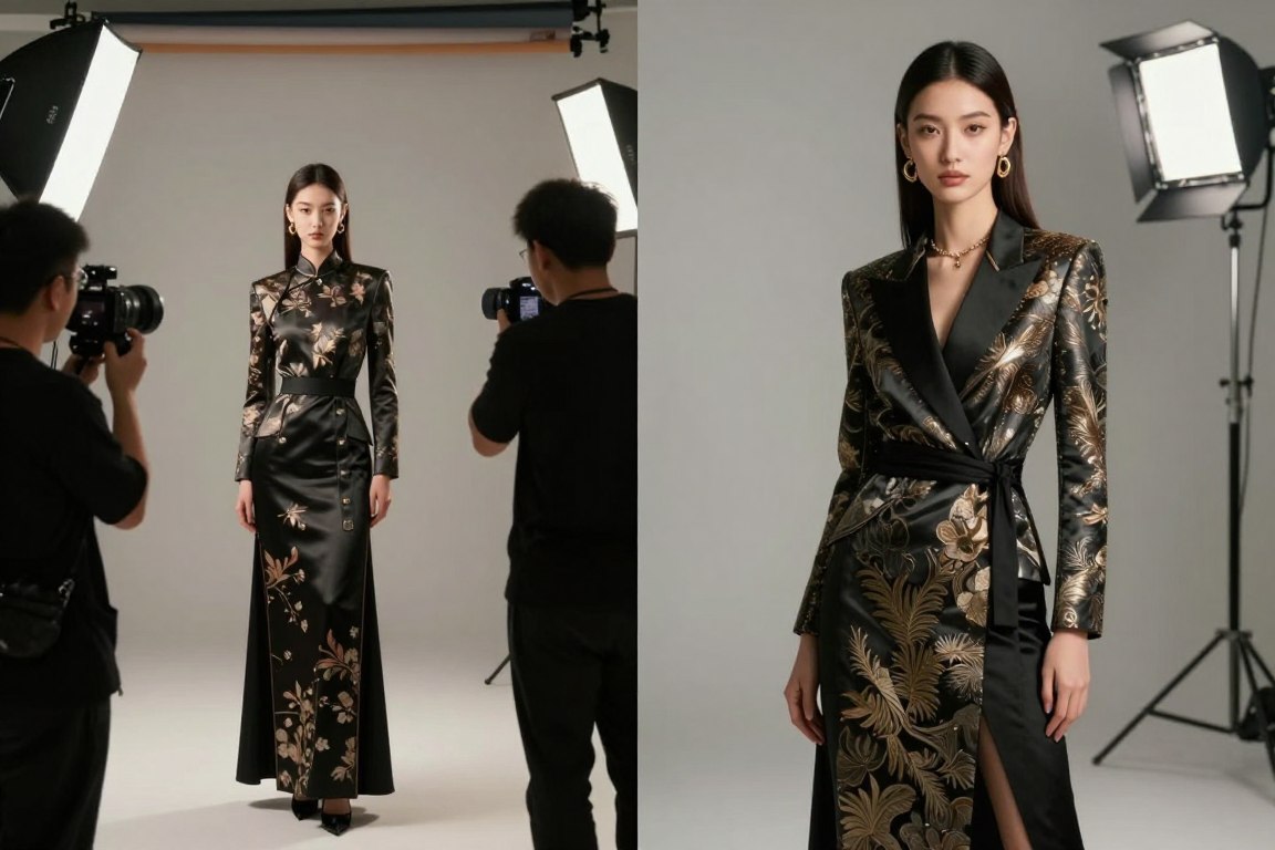 comparison of traditional fashion photography versus AI-generated models wearing luxury garments