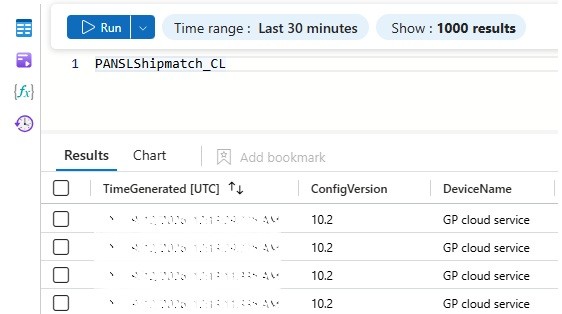 Microsoft Sentinel query returning rows in the custom Palo Alto table.