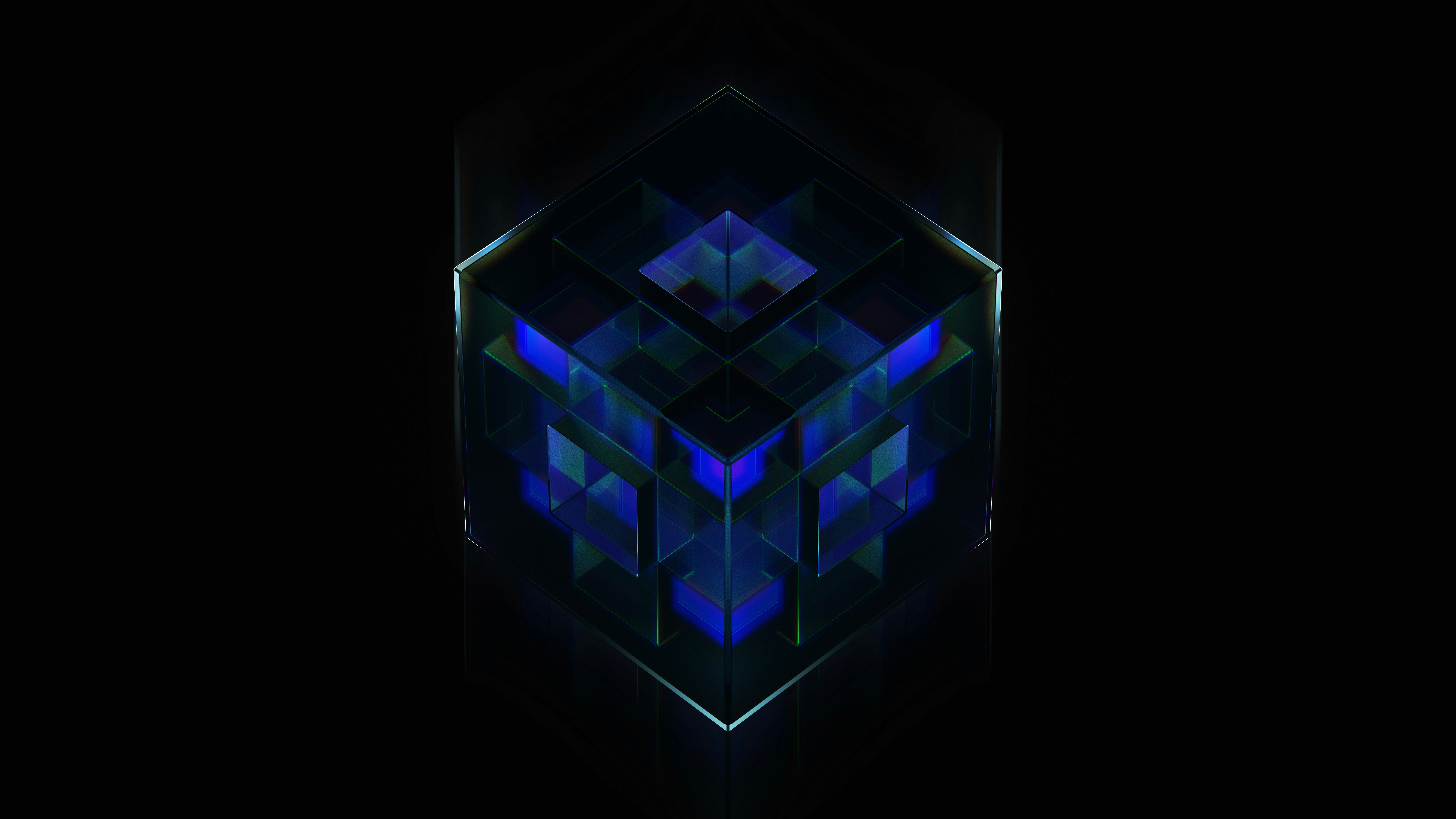 Abstract geometric cube and digital architecture on deep black background