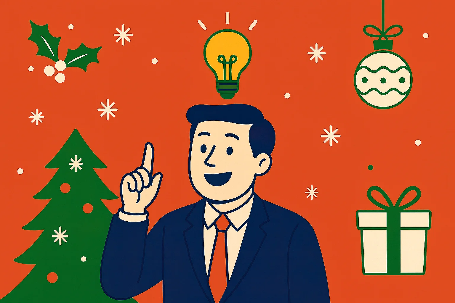 man-pointing-up-with-a-lightbulb-above-his-head-surrounded-by-holiday-icons-illustrating-holiday-marketing-ideas-on-an-orange-background