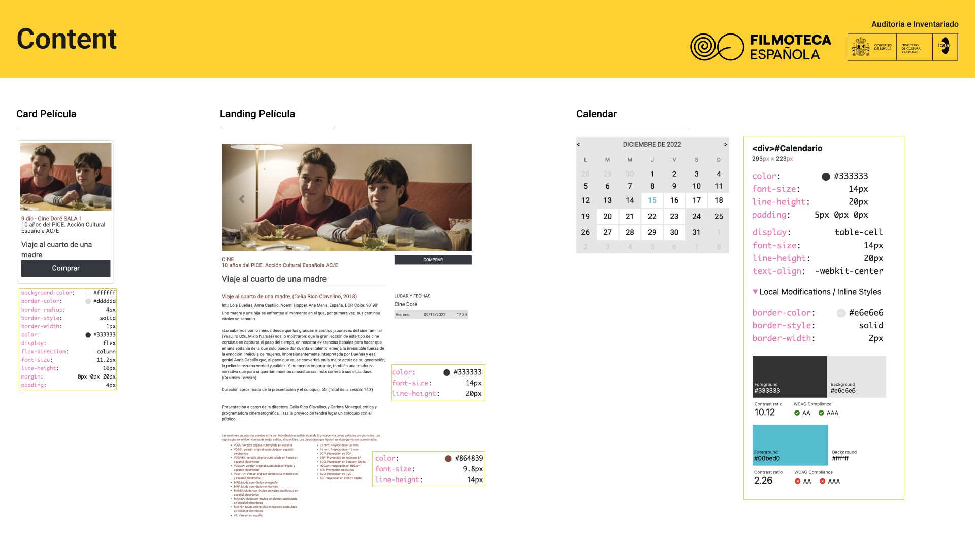 Capturas de Ficha y Cards de películas, landing film, calendar