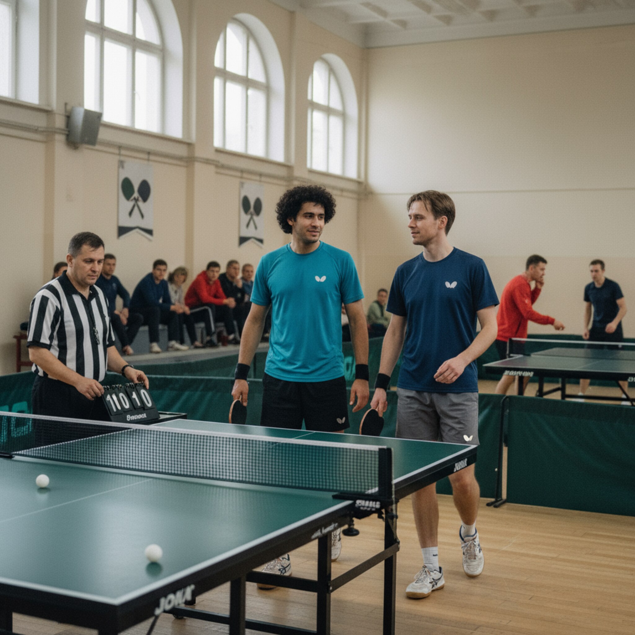 Nach einem intensiven Ballwechsel treffen sich zwei Spieler am Netz zum Handschlag. Leises Raunen kommt von der kleinen Tribüne, ein gezielter Blick geht zur nebenstehenden Platte. Ein Schiedsrichter legt das Zählgerät beiseite, während Bälle über den Boden rollen. Die Szene fühlt sich konzentriert, fair und respektvoll an.