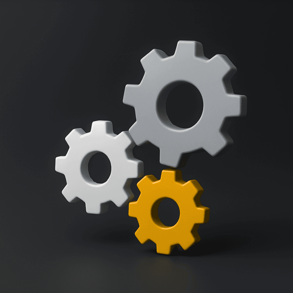 Zahnrad-Grafik mit grauen und gelben Zahnrädern – Symbol für Prozessautomatisierung und Effizienzsteigerung.