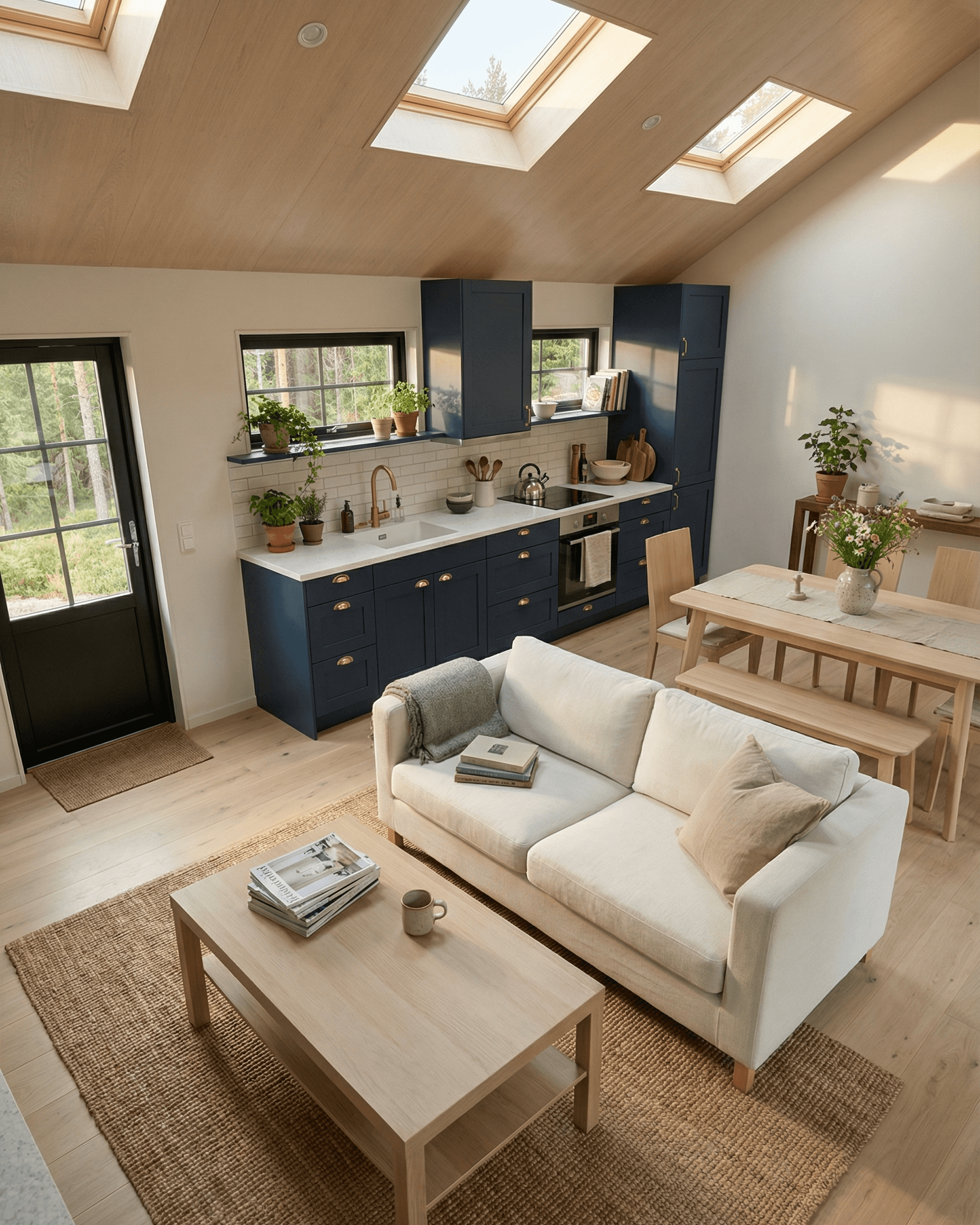 Open-plan cabin living area with white sofa, jute rug, pale wood dining set, navy kitchen cabinets, skylights, and soft neutral styling.