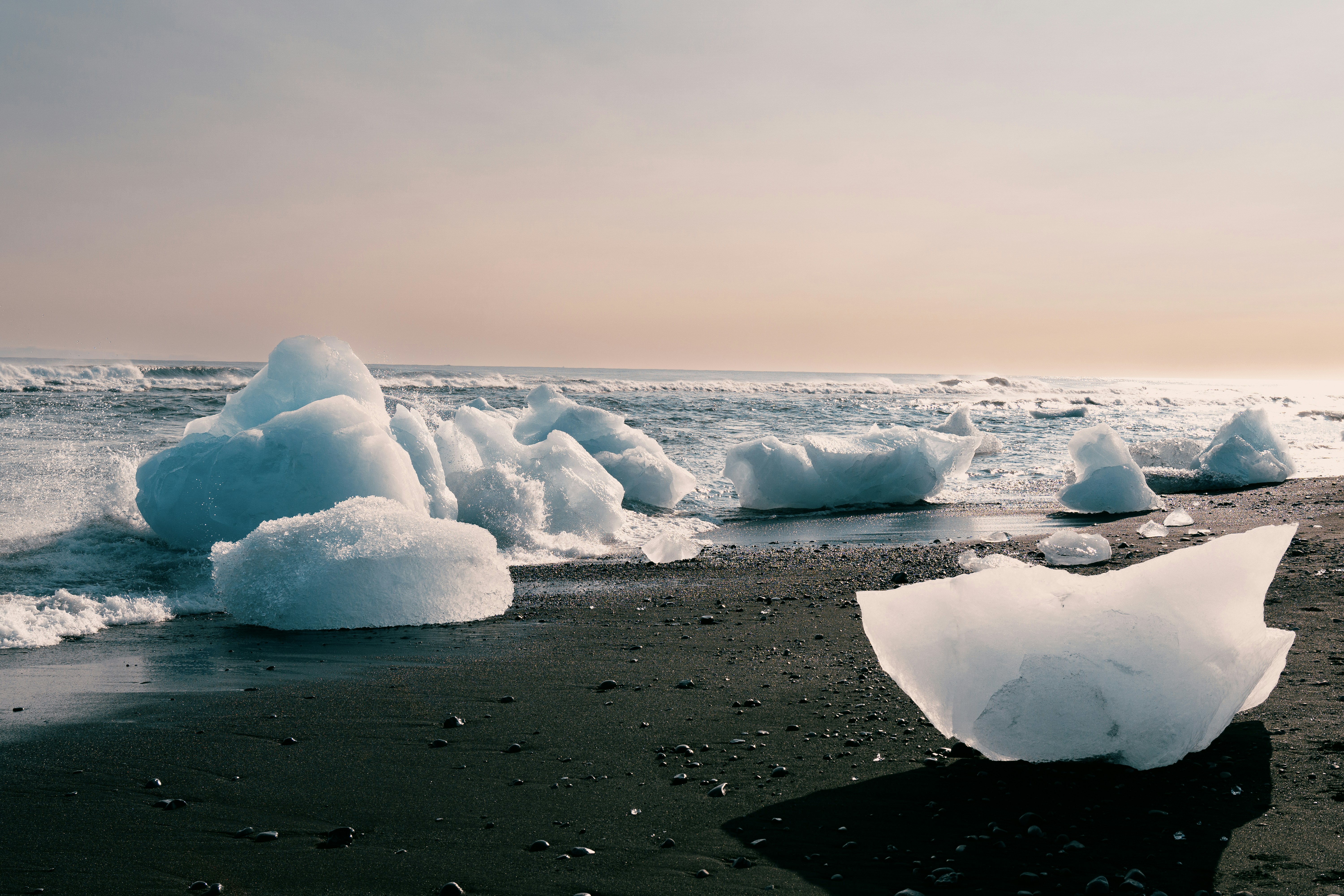 Chunks of ice scattered along the shore of Diamond Beach in Iceland.