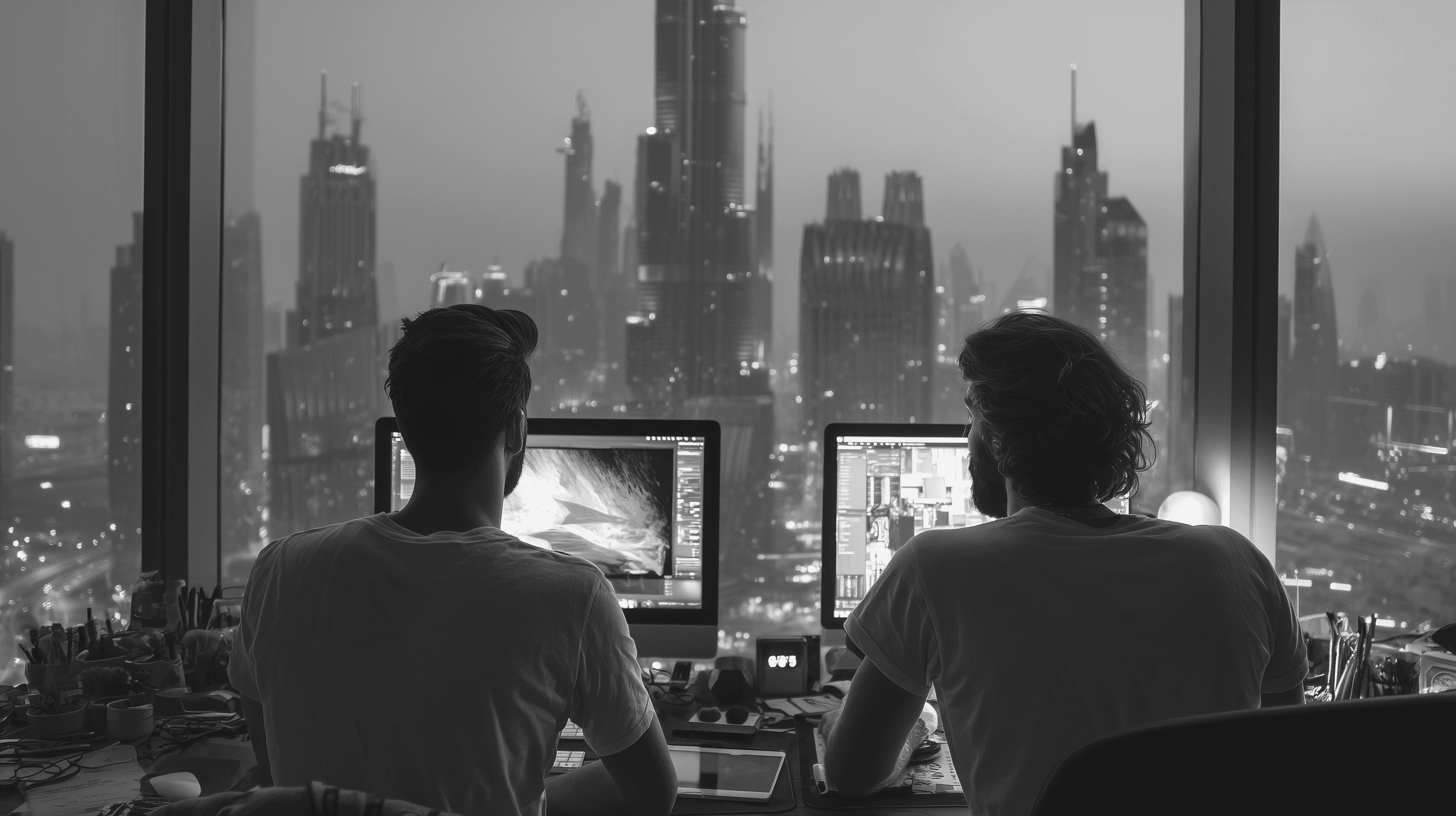 Two members of the Sleeklabs creative team working late on design projects in a modern high-rise office overlooking a futuristic city skyline at night.
