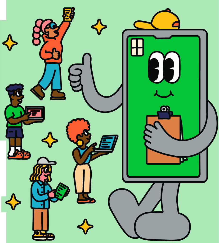 Illustration of a big animated mobile phone giving a thumbs up, with four people using laptops and tablets in front of it.