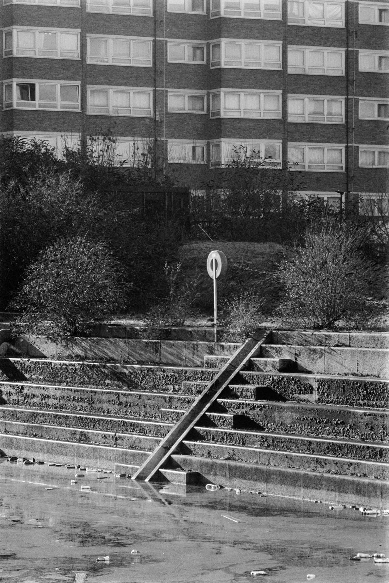Brutalist housing block with repeating balcony patterns, overgrown courtyard below, concrete steps leading down to stagnant water