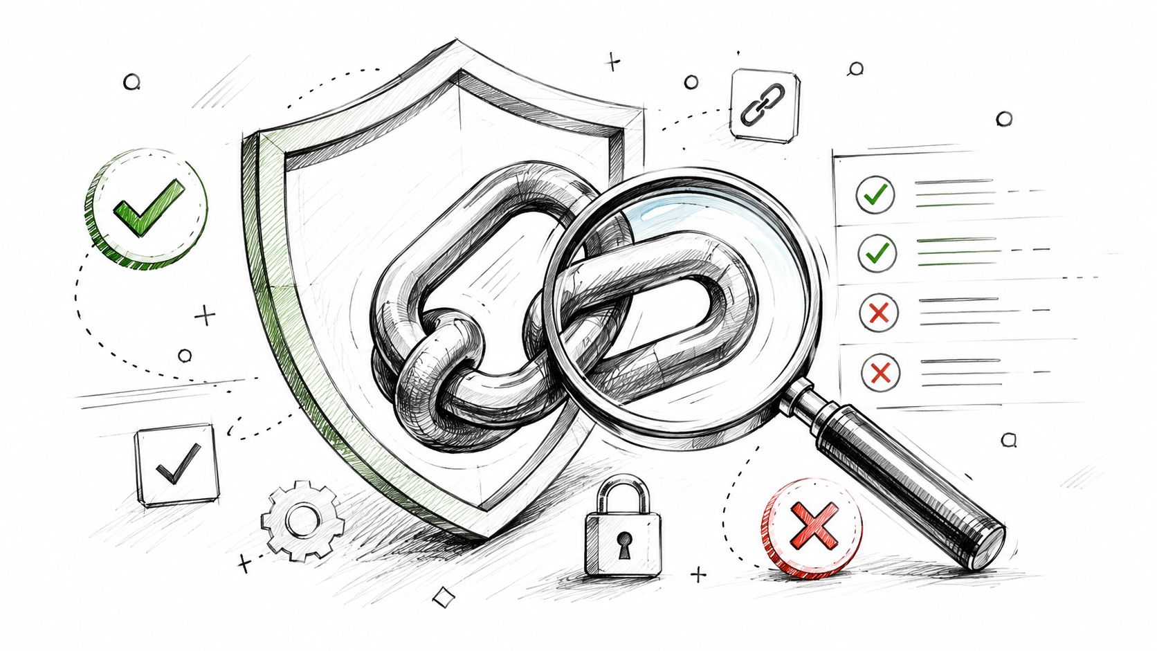 A hand-drawn illustration showing a shield, a magnifying glass, and a metal chain representing link security analysis.