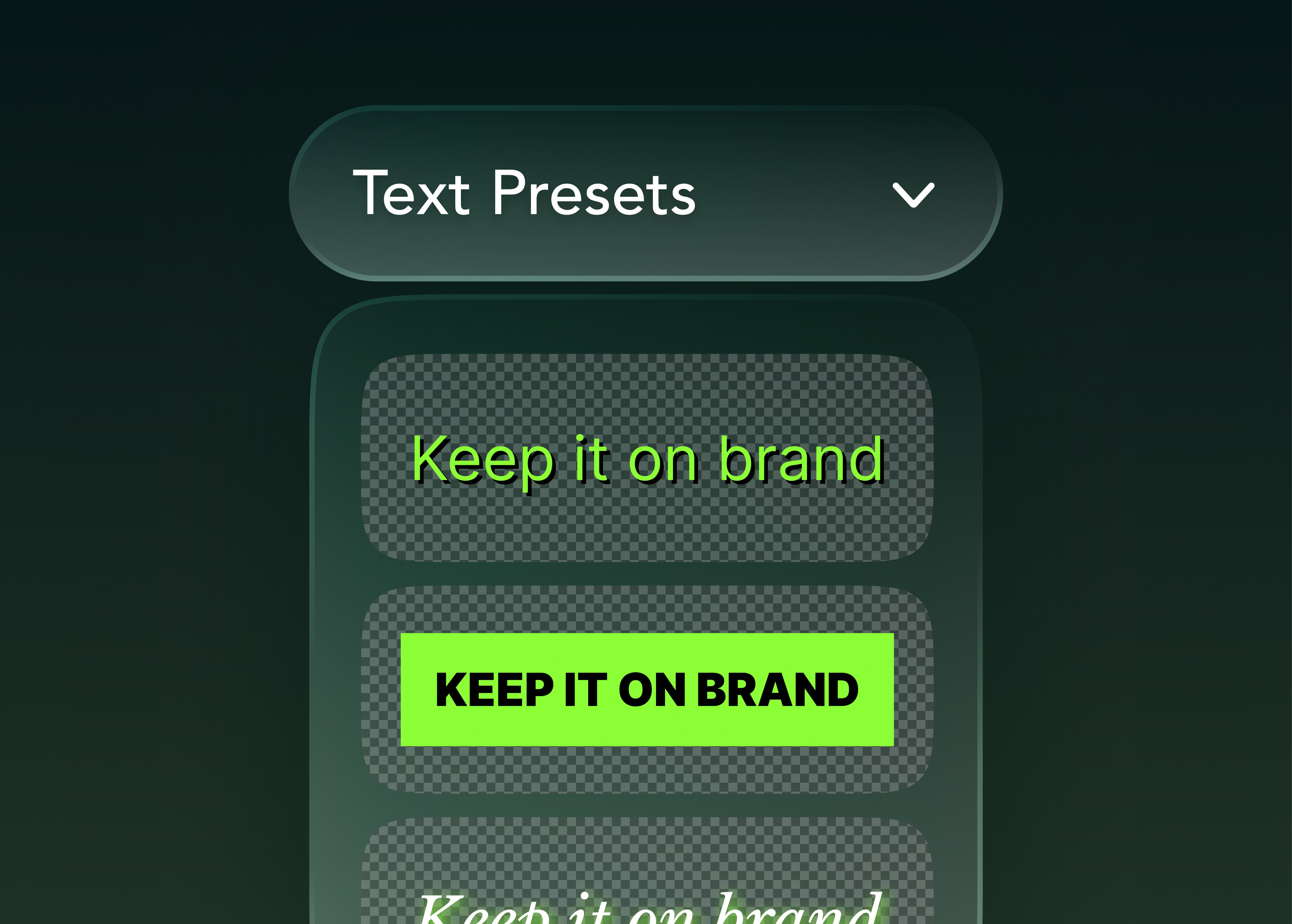 nterface panel showing a list of text presets in various neon green styles, including outlined text, bold boxed text, and italic script, under a header labeled “Text Presets.”