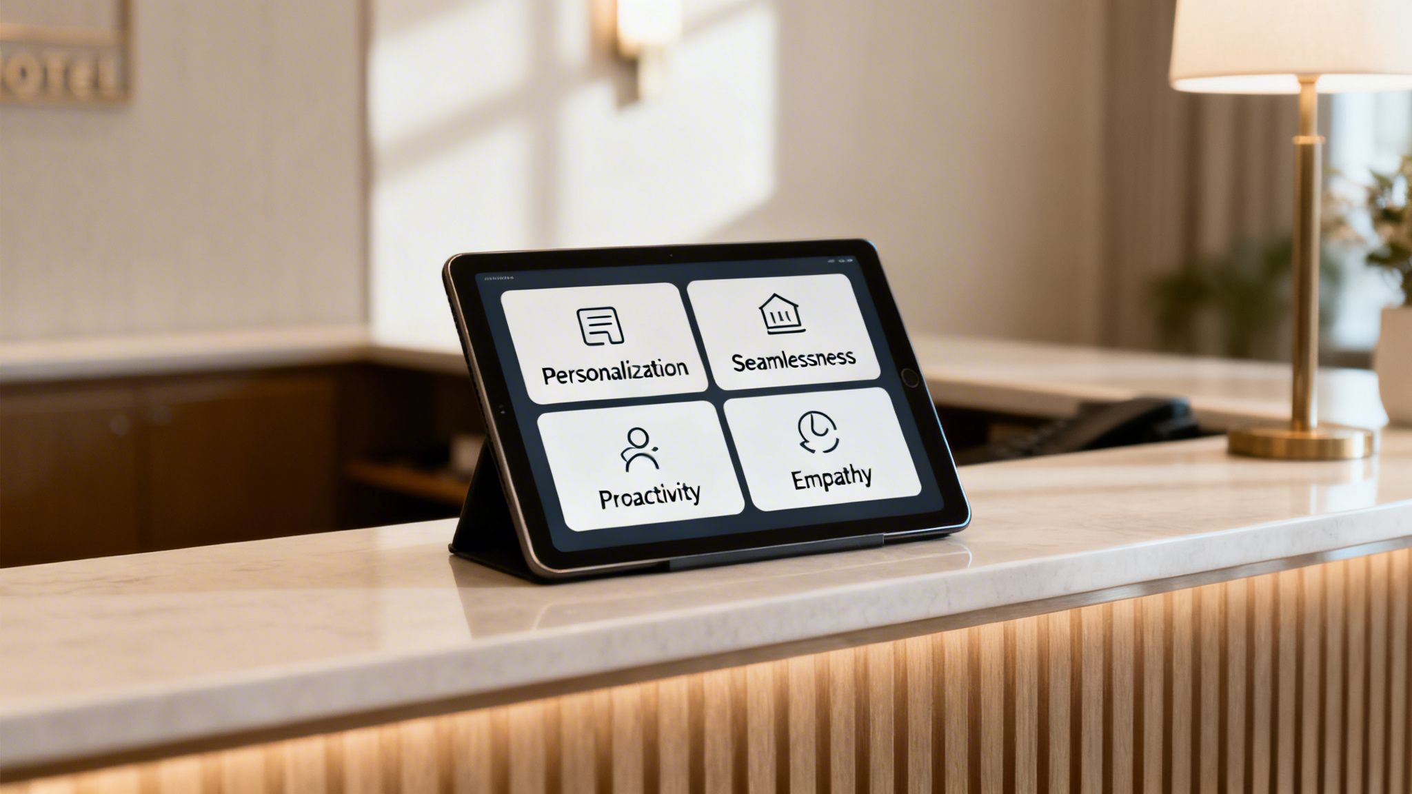 Tablet on hotel reception desk shows 'Personalization, Seamlessness, Proactivity, Empathy' for enhanced customer experience.