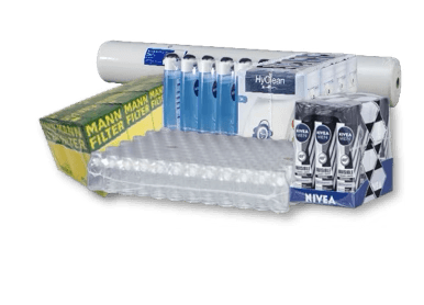 Verschiedene Produkte: Filter, Kosmetik, Papierrollen, Hygienespray, Hautpflegeprodukte