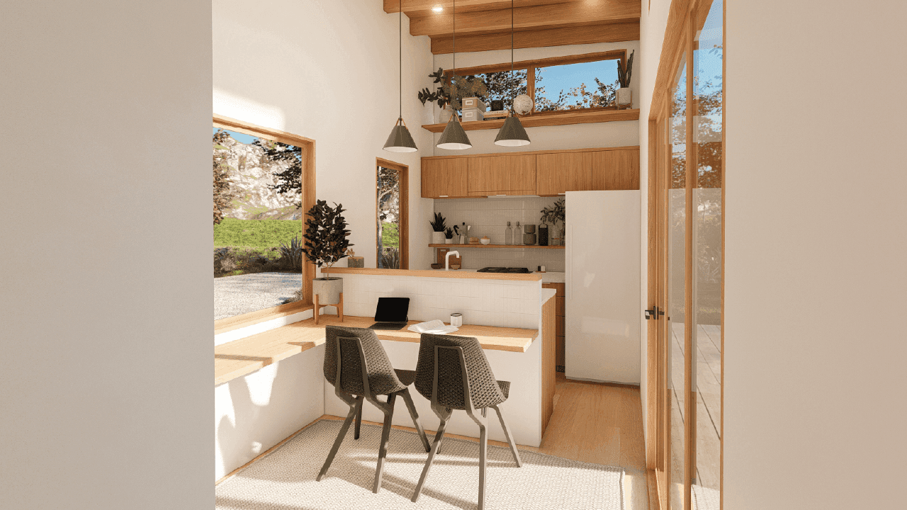 Aalto 9m/30ft tiny house dining and kitchen