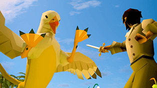 Character fighting gryphon