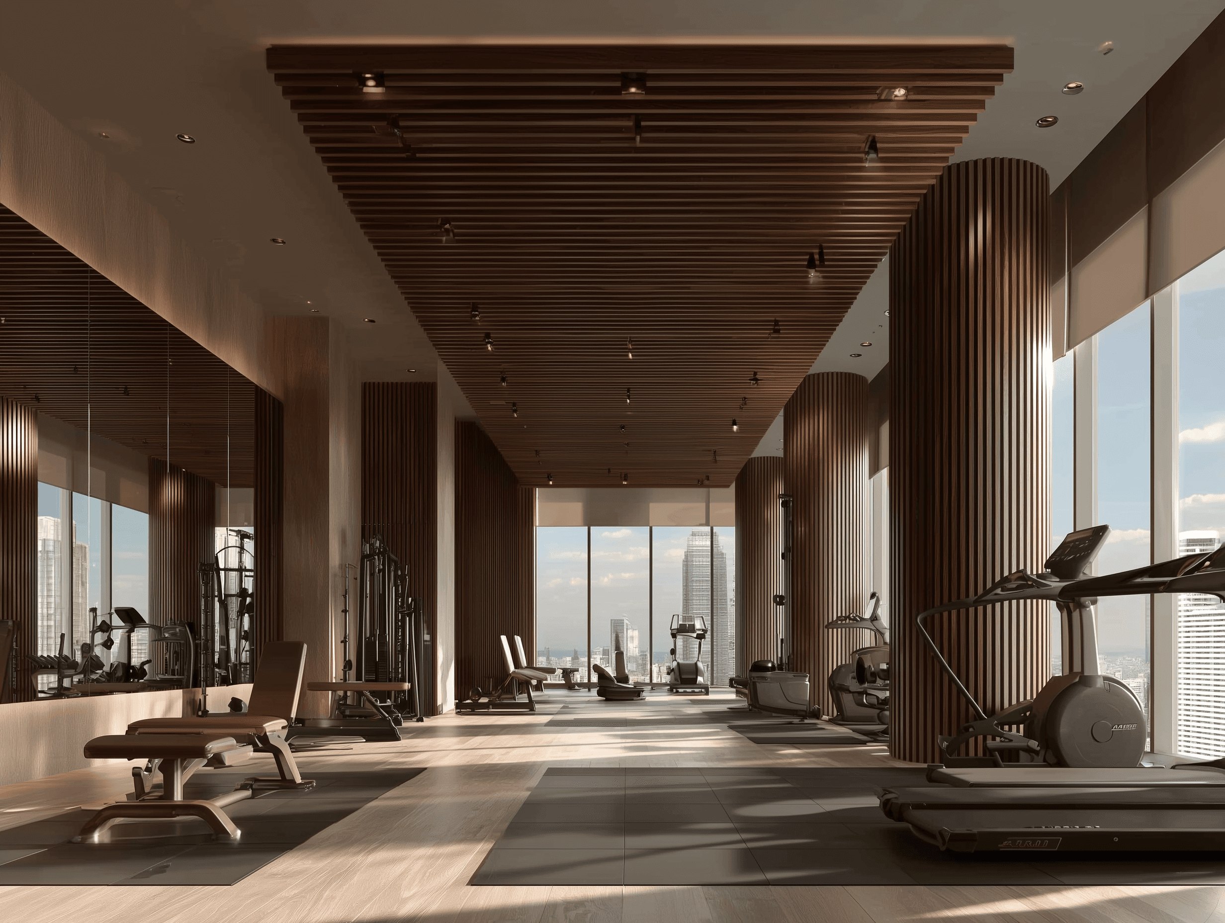 High-rise luxury fitness floor with dark walnut slatted ceiling, fluted column details, full-length city-view windows, and a curated mix of strength and cardio equipment