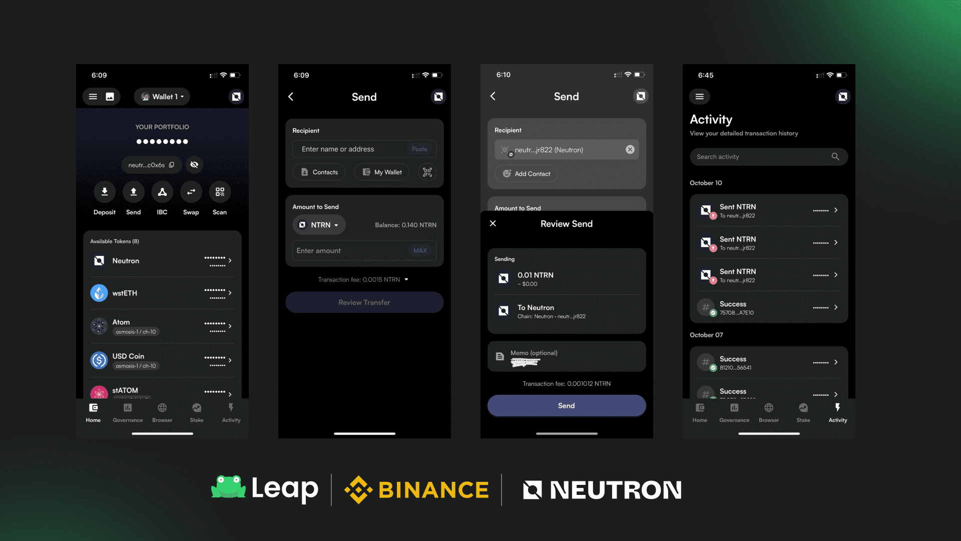 Deposit NTRN on Binance using Leap Wallet Mobile App