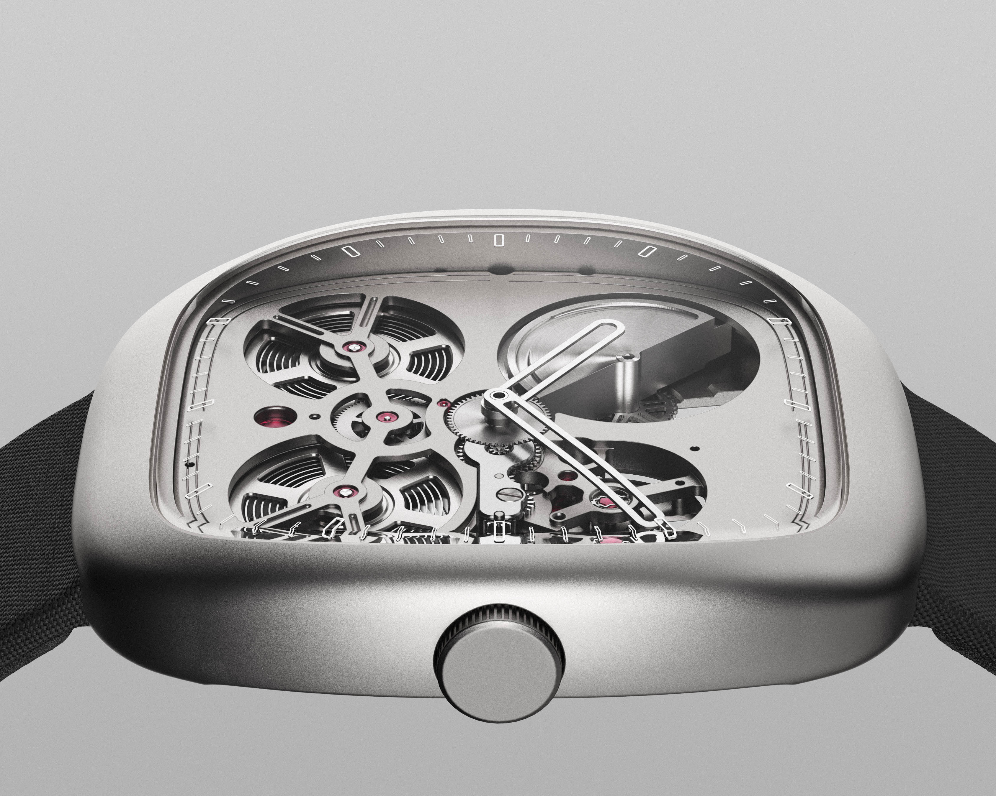 Rendering closeup laterale del movimento del WRK ACF-02 con cinturino in alcantara e cassa in titanio