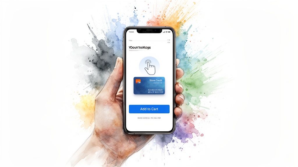 Hand holding a smartphone displaying store credit and an 'Add to Cart' button.