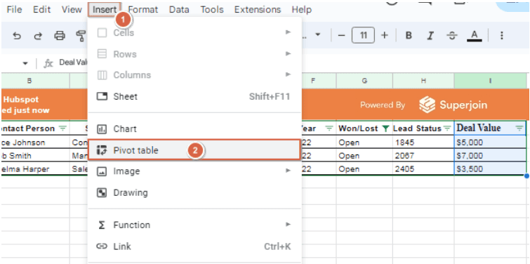 Go to Insert > Pivot table.