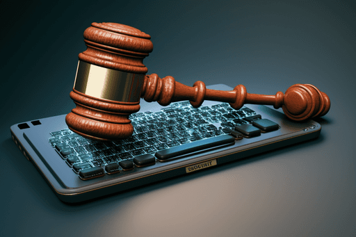 Digital illustration of a traditional wooden gavel lying on top of a smartphone, symbolizing the intersection of law and technology, relevant to a blog about the best software for lawyers and law firms.