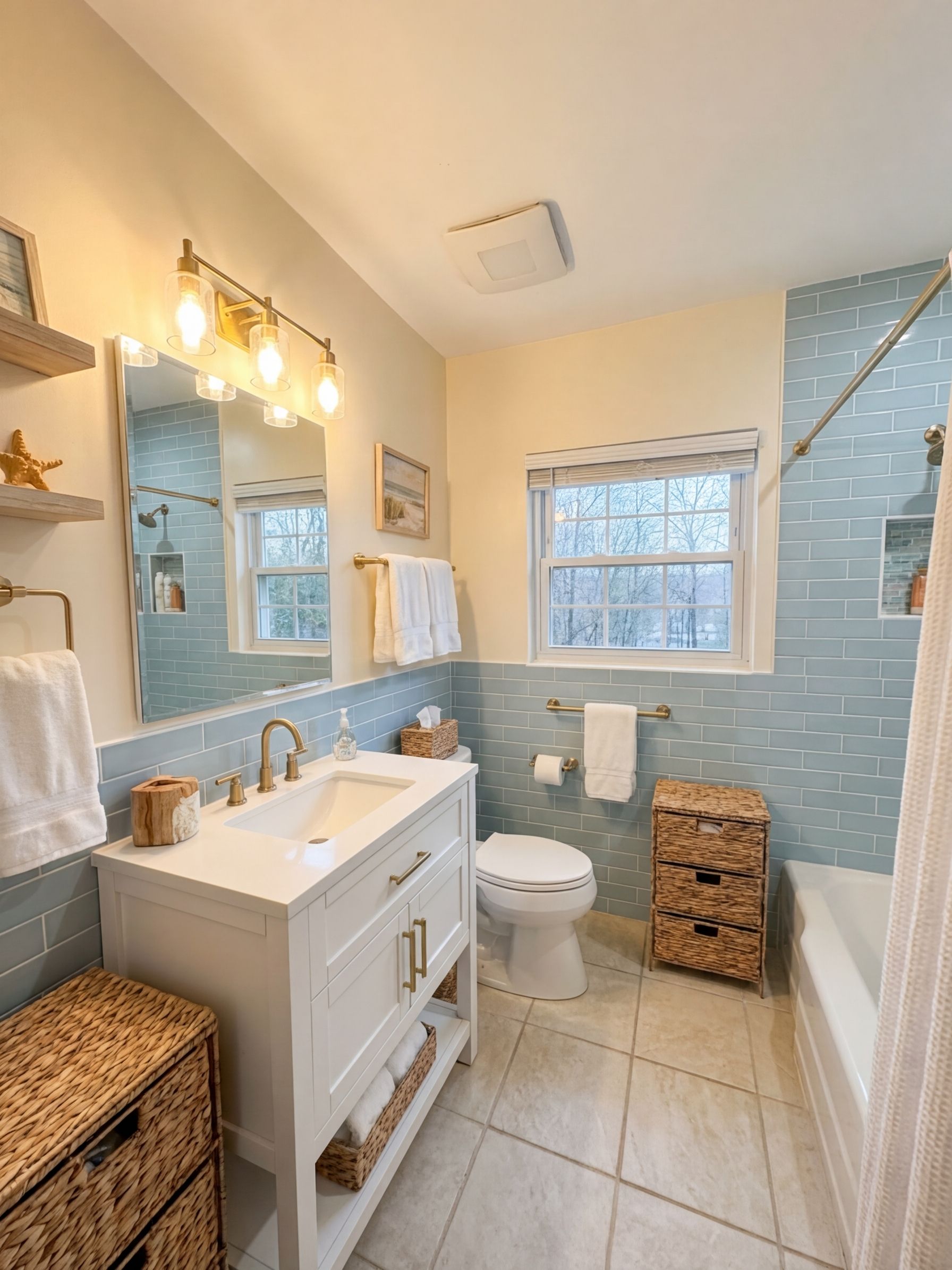 Coastal bathroom with light blue tile and gold hardware designed by AI