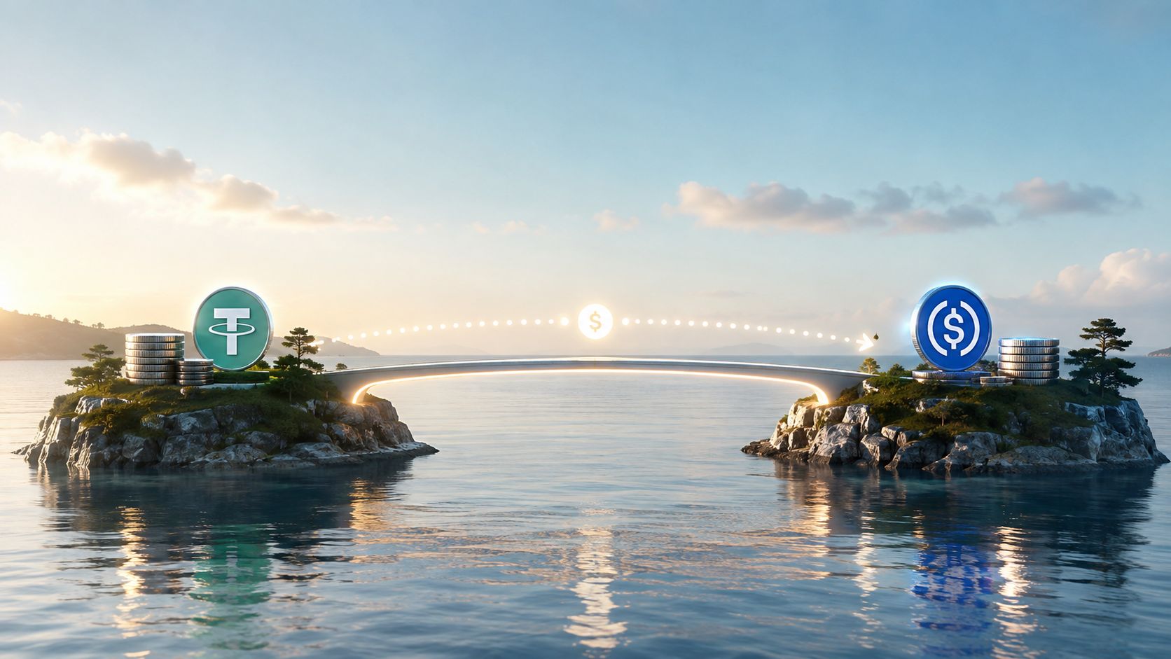 A digital representation of Tether and USD Coin tokens connected by a bridge over water.