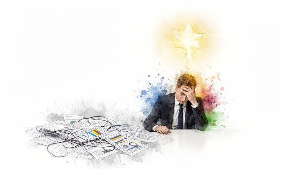 Businessman overwhelmed by messy data documents and wires, with a guiding star above.