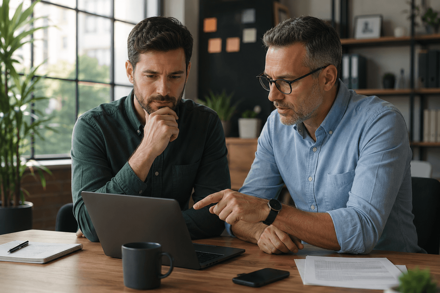 Three coworkers in a meeting, with one using a laptop and another taking notes at a desk.