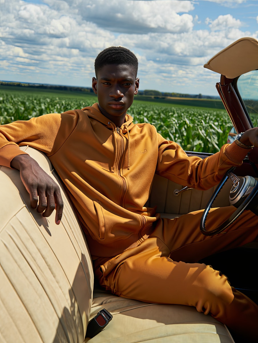 A man in an orange outfit sits in a vehicle, smiling with fields and a blue sky in the background.