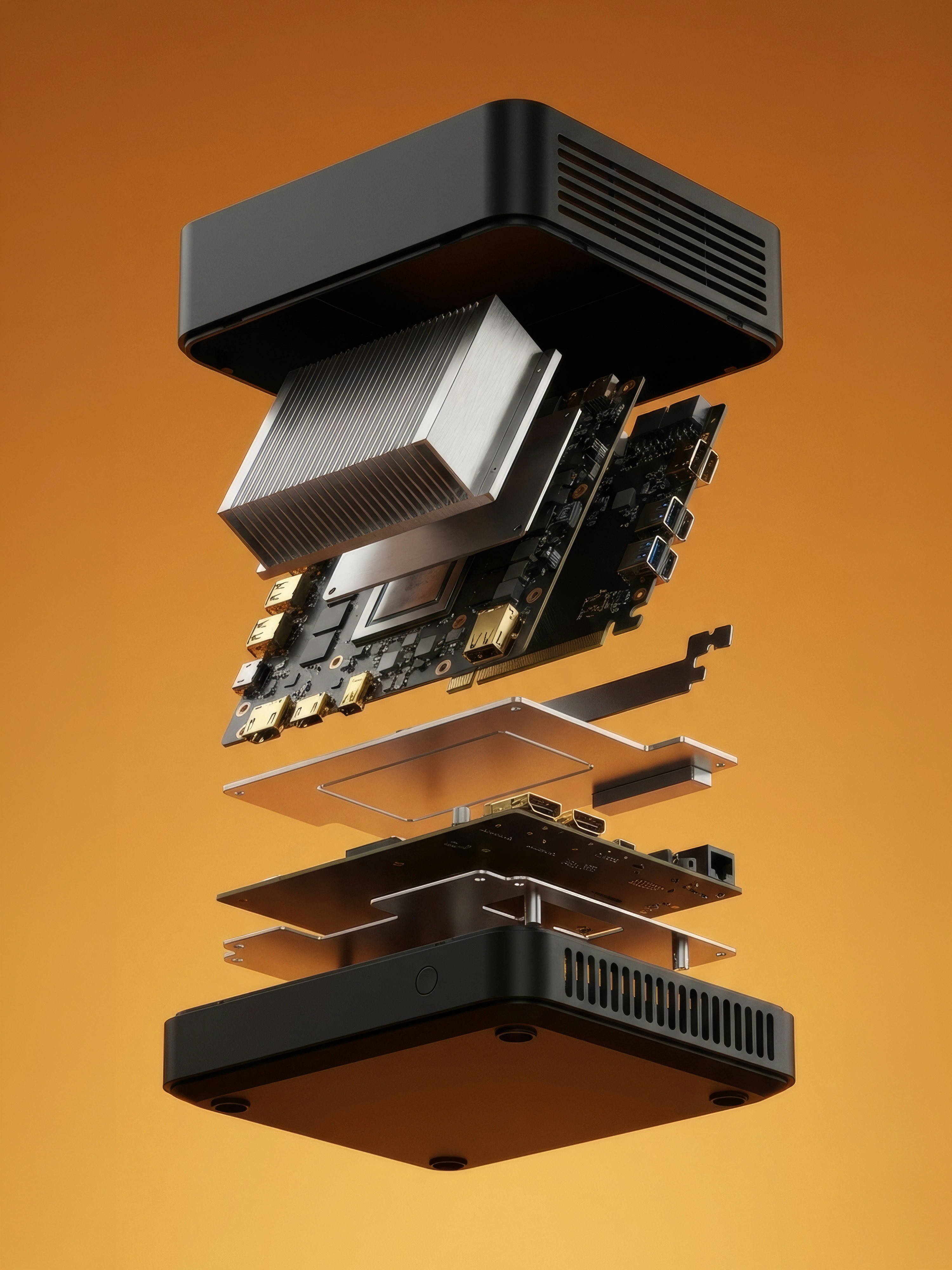 Render esploso di router che mostra tutte le componenti elettroniche interne in modo artistico, su sfondo con gradiente arancione.