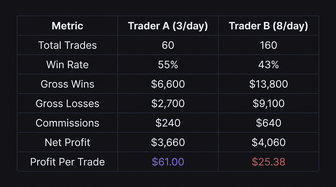Comparison table showing Trader A versus Trader B realistic results over 20 days