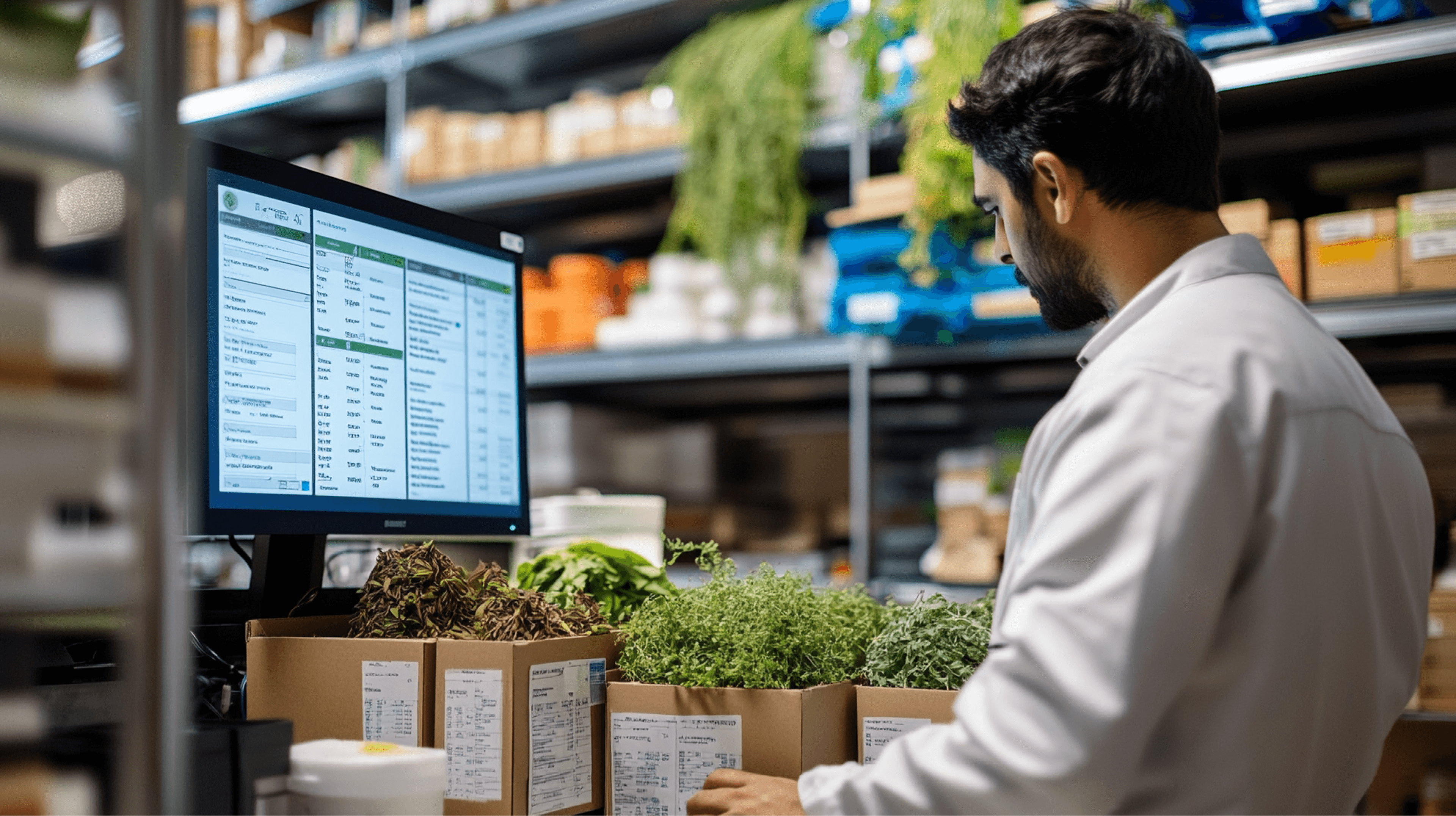 Ayurvedic pharmacy employee organizing medicinal herbs with a computer displaying inventory management software, highlighting efficient inventory tracking in Ayurvedic medicine stores.