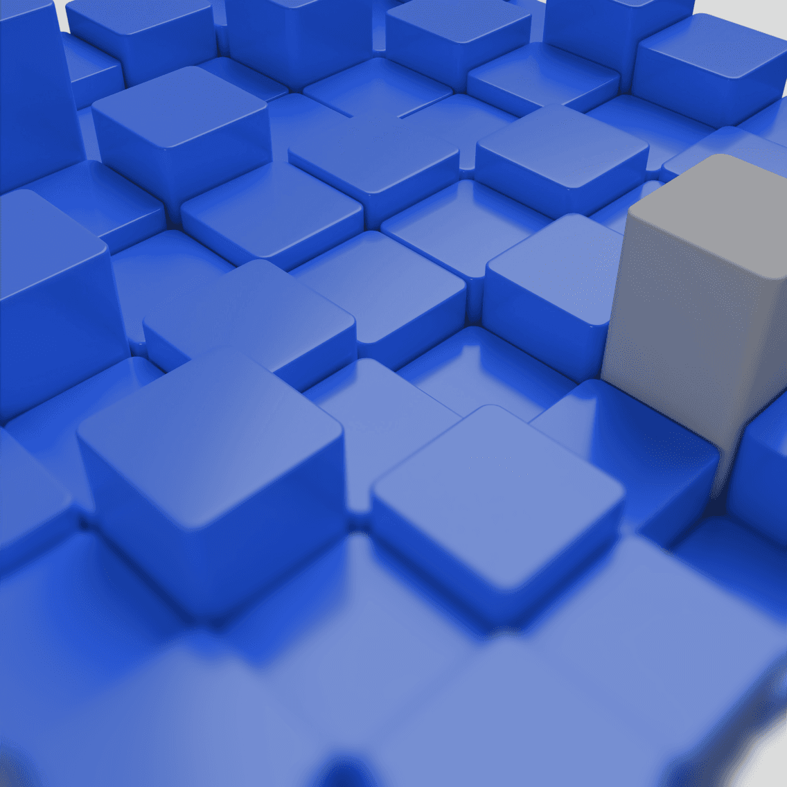Abstract image featuring blue blocks with one gray block standing out from the surrounding blue blocks.