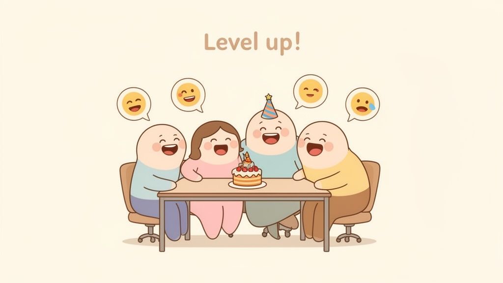 Four happy cartoon characters celebrating a birthday with a cake, party hat, and speech bubble emojis.