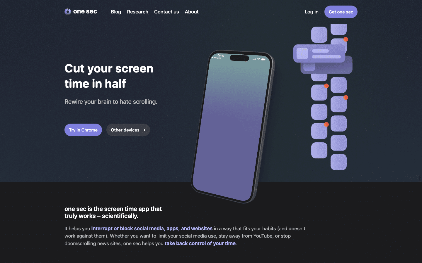 One Sec screen time app website