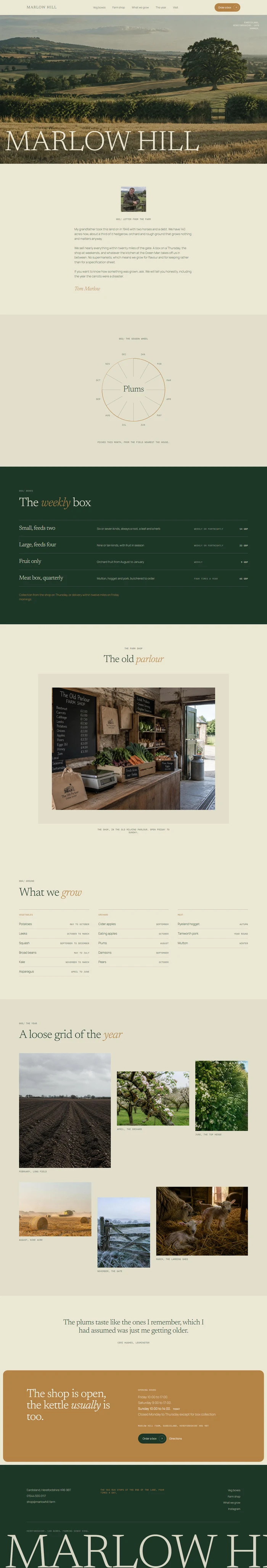 Full page of an AI-generated farm website with landscape hero, farmer's letter, season wheel, veg box rows, farm shop and growing index