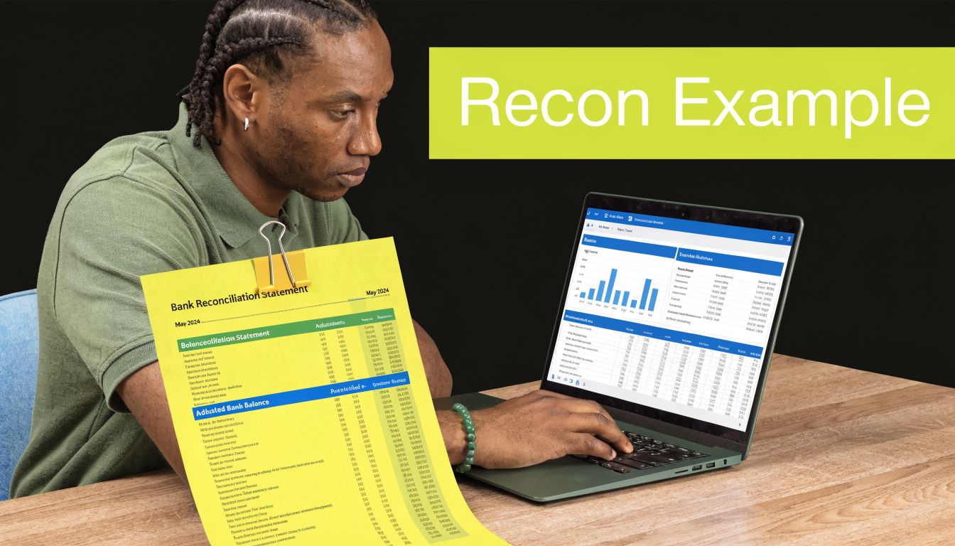 A man in a green shirt working on a bank reconciliation statement document and laptop.