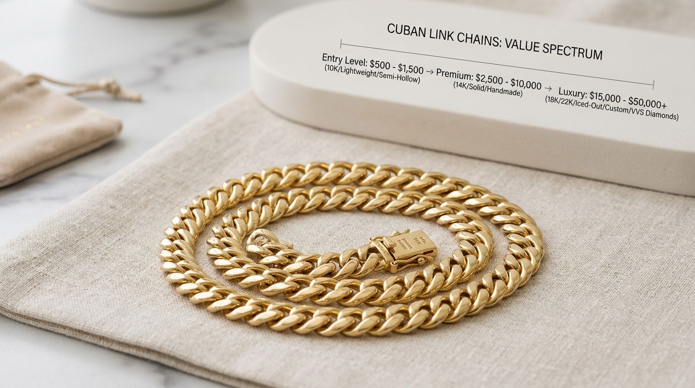 A luxurious gold Cuban link chain rests on a linen cloth next to a price spectrum infographic.